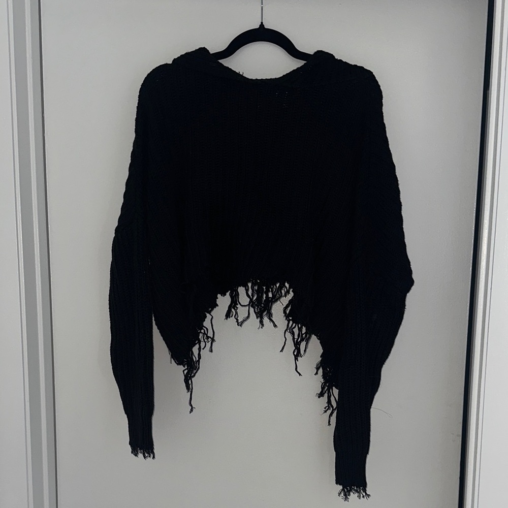 Black Fringed Women's Cropped Sweater with Hood